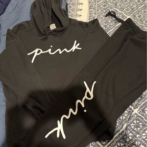 Victorias Secret PINK Black Hoodie and Sweatpants Set with White Logo